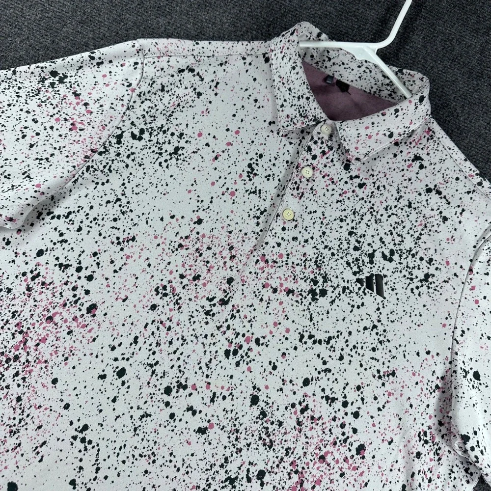 Adidas Polo Shirt Mens L Large White Paint Splatter Pink Black Golf Casual